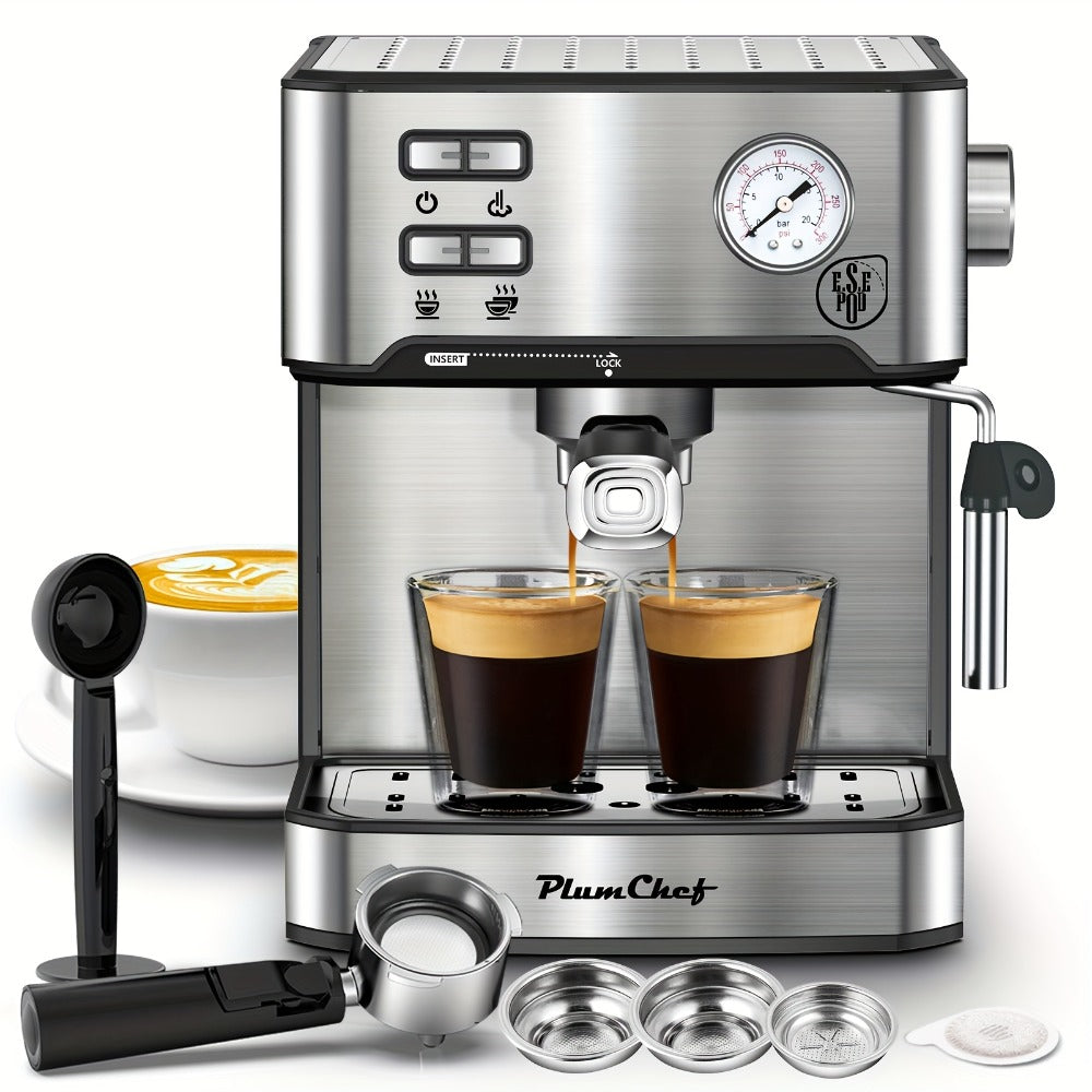 20 Bar Espresso Machine 950W – Stainless Steel Espresso & Cappuccino Latte Maker with Steam Wand Milk Frother, 49.03oz Water Tank, ESE Pod Filter, Home Barista Coffee Machine – Black, Pressure Gauge
