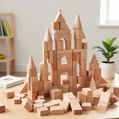 Natural Beech Wood Blocks 100 Piece Unpainted Solid Wooden Building Set – STEM Logical Thinking Toy for Kids Ages 3-12, Castle Stacking Sorting Educational Gift for Boys & Girls