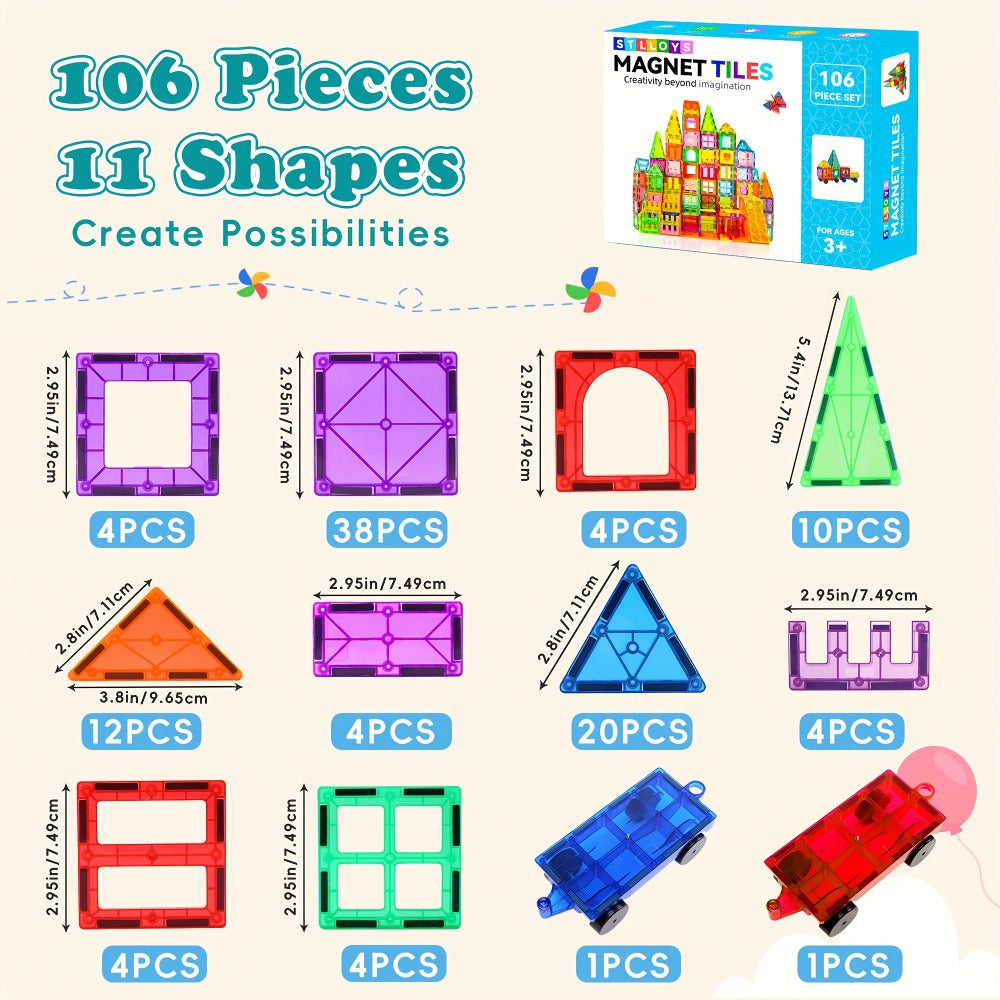 Magnetic Tiles Building Set for Kids 3 4 5 6 7 8 – 80 106 136 205pcs Clear 3D Magnet Building Blocks STEM Educational Toy Child-Safe ABS Creative Birthday Christmas Gift Boys Girls