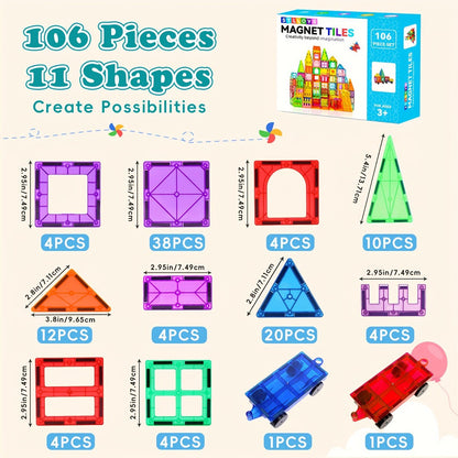 Magnetic Tiles Building Set for Kids 3 4 5 6 7 8 – 80 106 136 205pcs Clear 3D Magnet Building Blocks STEM Educational Toy Child-Safe ABS Creative Birthday Christmas Gift Boys Girls