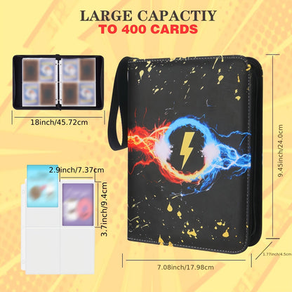 Trading Card Binder 400 Pockets – Faux Leather Lightning Bolt Design, Double-Sided Sleeves for Pokemon MTG TCG Sports Cards, Collectible Card Album for Adults & Teens