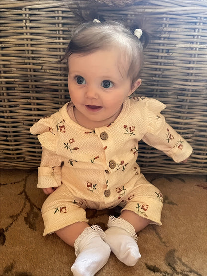 Baby Girls Outfit Set - Floral Ruffle Waffle Knit