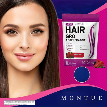 MONTUE Biotin Hair Gummies with Arginine, Vitamin C & Vitamin E – Daily Hair Nourishment Supplement for Women, Mixed Berry Flavor, 60 Soft Chews 30-Day Supply