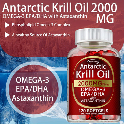 Antarctic Krill Oil 2000mg Softgels 120 Count with Astaxanthin EPA & DHA — High Absorption Omega-3 for Bone Immune Heart & Joint Health Support for Women and Men Gluten-Free
