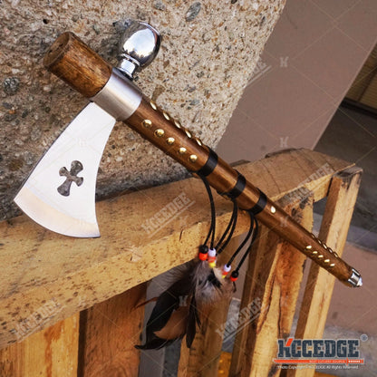 Native American Tomahawk Hatchet Replica 19in – Decorative Peace Pipe Axe with Wooden Handle, Feather & Brass Accents, Southwestern Western Decor Collectible, Cosplay Prop & Unique Gift for Men Dad