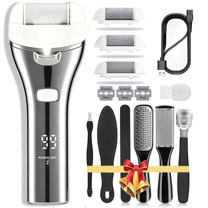 Electric Foot File 14-in-1 Rechargeable Pedicure Kit 3 Roller Heads Dead Skin Callus Remover Portable Foot Scrubber Professional Foot Care Tool for Women Men Black White Silver