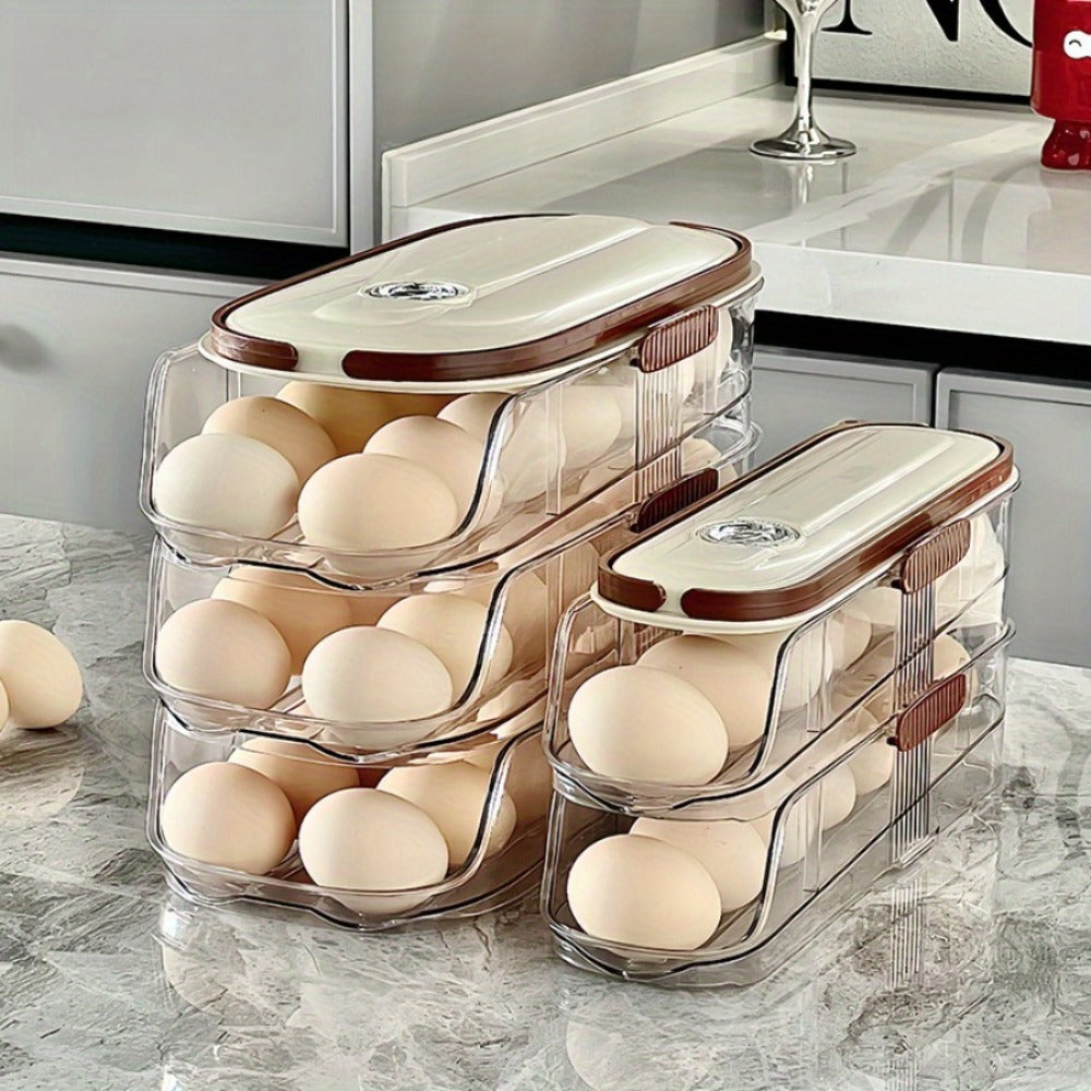 Egg Organizer for Refrigerator, Multi-Layer Auto-Rolling Egg Rack with Large Capacity – Space-Saving Egg Storage Dispenser for Fridge, Cabinet & Countertop, Ideal for Busy Families