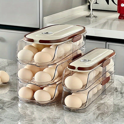 Egg Organizer for Refrigerator, Multi-Layer Auto-Rolling Egg Rack with Large Capacity – Space-Saving Egg Storage Dispenser for Fridge, Cabinet & Countertop, Ideal for Busy Families