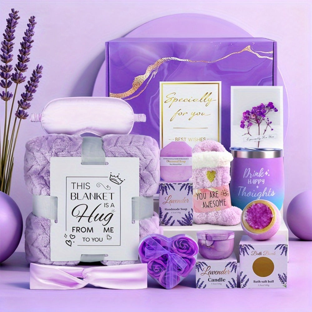 Luxury Spa Gift Set for Women 10-Piece Rose Scented Candles Bath Salt Balls Dried Flowers Eye Mask Soap Blanket Socks Hair Ribbon Gift Card Birthday Christmas Mother's Day Valentine Gift