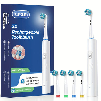 Electric Toothbrush with Smart Timer – Sonic Whitening, 3D Round Soft Bristle Head, IPX67 Waterproof, USB Rechargeable, 4 or 8 Brush Heads, Black White Pink for Adults, Couples & Families