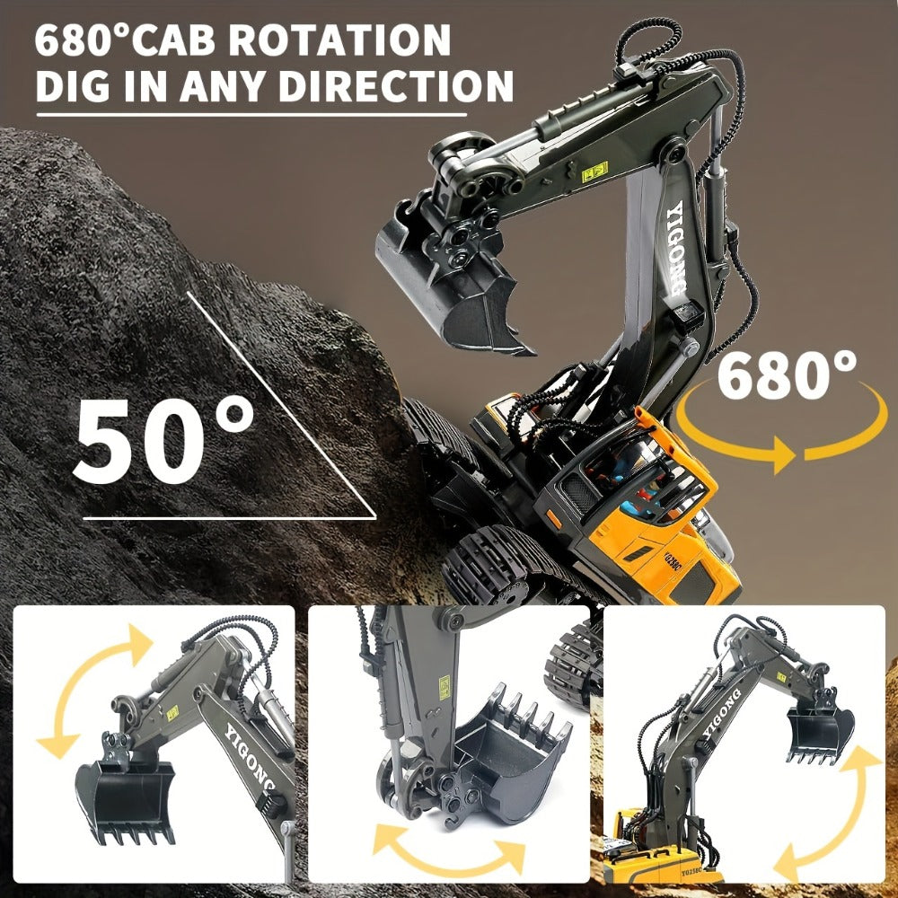 RC Excavator Toy 1:24 Scale 2.4GHz 9-Channel Remote Control with Alloy Metal Cap Lights & Sound Rechargeable Battery – Construction Truck for Boys Ages 6+ Birthday Christmas Gift Multiple Colors