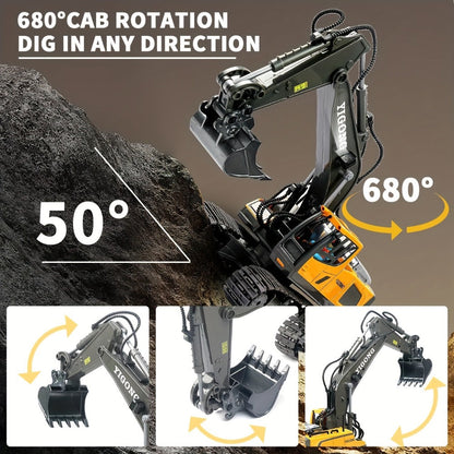 RC Excavator Toy 1:24 Scale 2.4GHz 9-Channel Remote Control with Alloy Metal Cap Lights & Sound Rechargeable Battery – Construction Truck for Boys Ages 6+ Birthday Christmas Gift Multiple Colors