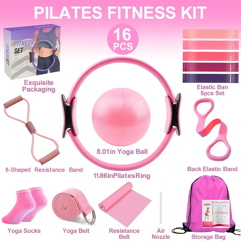Silicone Pilates Exercise Set 16-Piece – Pilates Rings, Resistance Bands, Yoga Ball & Accessories for Home Yoga & Daily Fitness Workouts – Pink & Purple