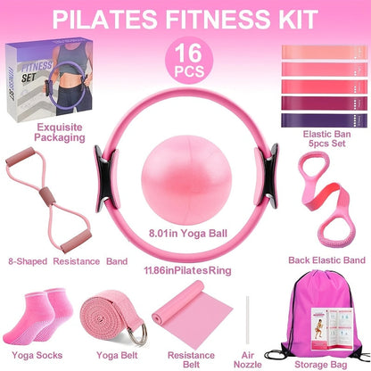 Silicone Pilates Exercise Set 16-Piece – Pilates Rings, Resistance Bands, Yoga Ball & Accessories for Home Yoga & Daily Fitness Workouts – Pink & Purple