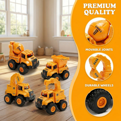 4-Piece Construction Truck Set for Kids – Excavator Dump Truck Crane Cement Mixer Sandbox STEM Engineering Vehicle Playset, Toddler Boy Girl Birthday Gift Ages 3+