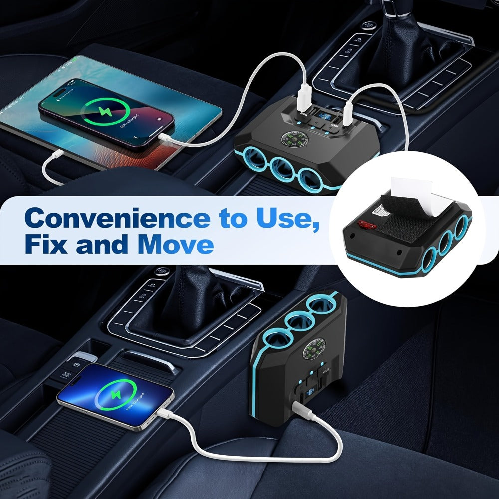 Car Cigarette Lighter Splitter 3-Socket 120W Power Outlet Adapter | QC3.0 + PD USB Ports | 12V/24V Voltage Monitor Independent Switch Car Charger Hub for SUV Truck RV Multi-Device Charging