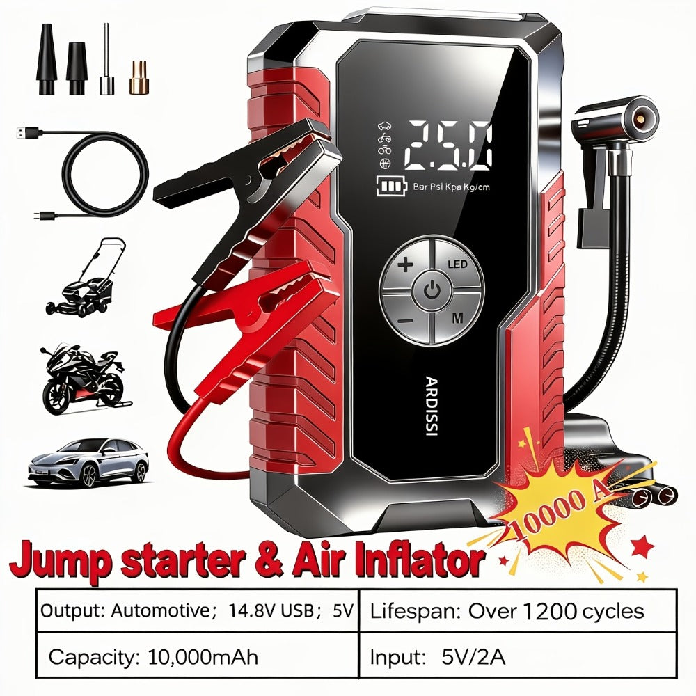 Car Jump Starter 10000A with 150PSI Tire Inflator – 7-in-1 Emergency Battery Booster Pack, 5000A Peak, 10000mAh Power Bank, LED Light, USB Charging, for 12V Vehicles up to 8.0L Gas & 7.0L Diesel