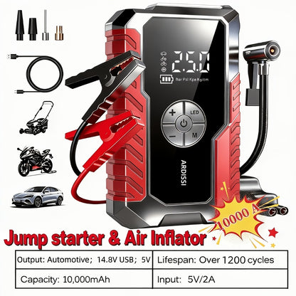 Car Jump Starter 10000A with 150PSI Tire Inflator – 7-in-1 Emergency Battery Booster Pack, 5000A Peak, 10000mAh Power Bank, LED Light, USB Charging, for 12V Vehicles up to 8.0L Gas & 7.0L Diesel