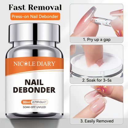 Press On Nail Debonder Remover 80ml — Fast 3-5 Second Soak-Off Liquid for False Tips, Rhinestone Glue Remover, No Damage Easy Dissolve, Professional Nail Care Tool for Women Home Salon