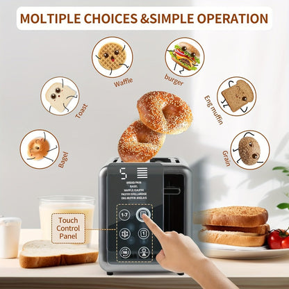 Stainless Steel Toaster 2-Slice Smart Touch Screen – 5 Bread Selections, 7 Shade Settings, Bagel/Defrost/Cancel/Reheat, 1.5" Wide Slot, Removable Crumb Tray