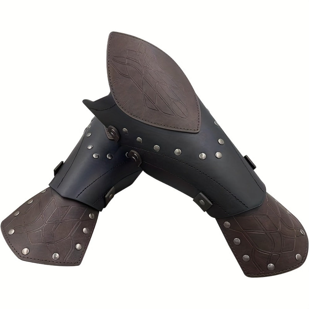 Elf Arm Guards 2pcs Medieval Embossed Faux Leather Fantasy Buckle Armor – Halloween Knight Gloves LARP Cosplay Renaissance Faire Role Play Costume Prop, Black