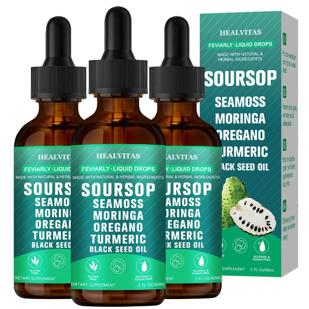 Soursop Bitters Liquid Drops 10-in-1 with Sea Moss Ashwagandha Moringa Turmeric Black Seed Oil — Plant-Based Immune & Energy Herbal Extract | Sugar-Free | 2.03 fl oz
