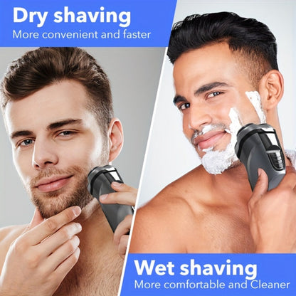 Electric Shaver Men 3D Floating Rotary Head Rechargeable Razor – Pop-Up Trimmer 1-Hour Fast Charge LCD Display, Wet Dry Shaving Machine Replaceable Cutter Head for Home & Travel Daily Grooming