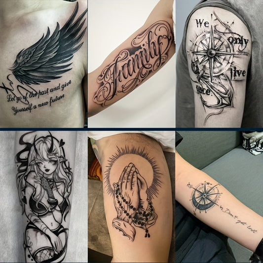 Semi-Permanent Tattoo Stickers 6 Large Sheets Lasts 7-15 Days | Herbal Plant-Based Formula Waterproof Friction-Resistant | Realistic Compass Wings Anchor Body Art | Pain-Free Fake Tattoo for Men Women