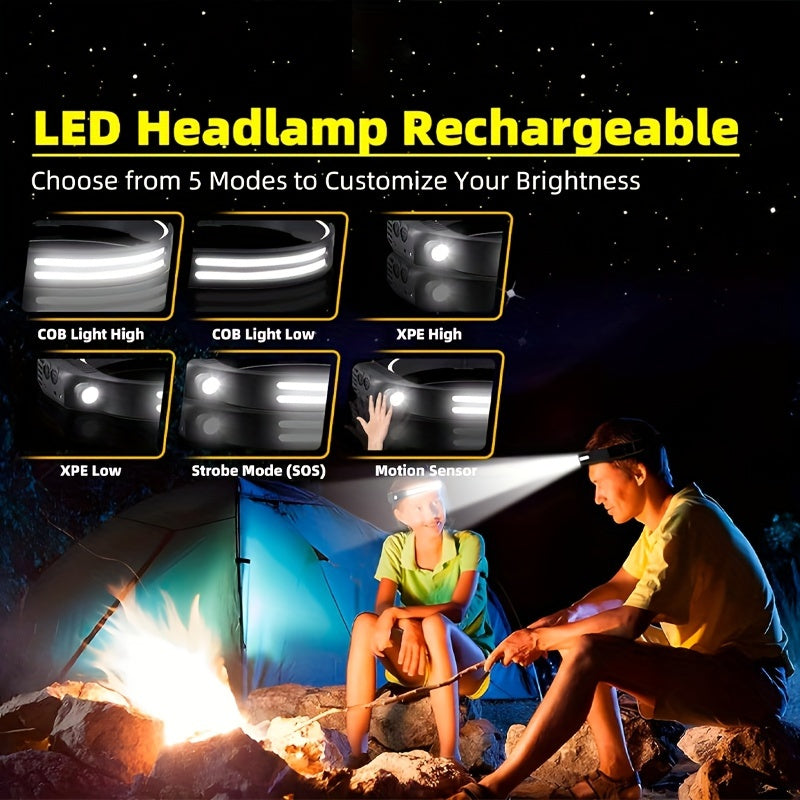 Motion Sensor COB Headlamp 3 Pack + 6 Hooks, 230° Wide Beam Rechargeable LED Head Lamp, 5 Modes COB & LED Headlamps for Adults, Hard Hat Headlight, Headband Flashlight for Camping, Work & Hiking