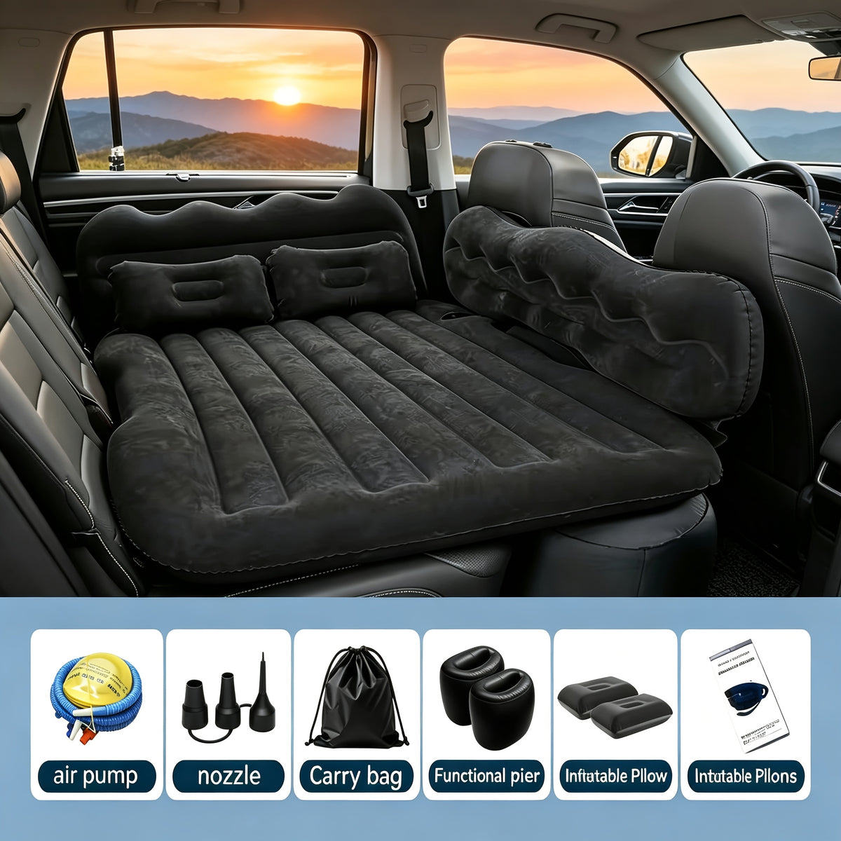 Luxury Premium Black And Stylish Beige Car Inflatable Mattress, Portable And Foldable, with PVC Flocking, Including Storage Bag, Air Pump And Two Pillows, Two Piers, Perfect for RVs, Trucks, And Foldable Beds In The Back Seat Of The Car Seat