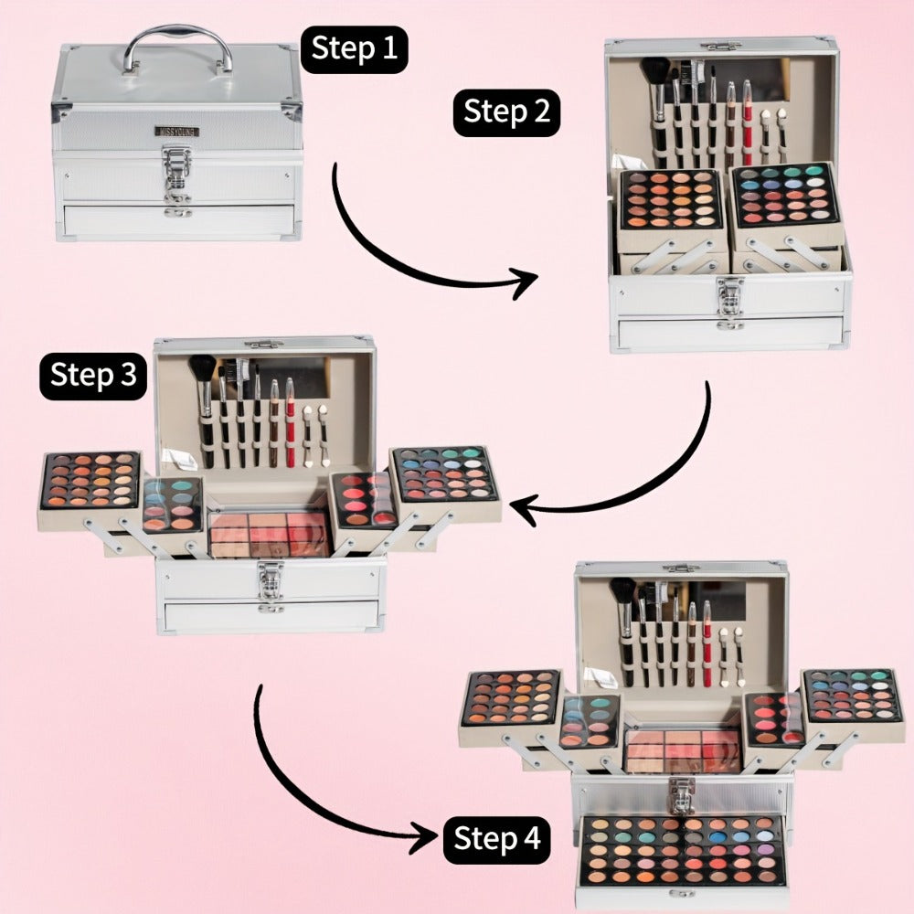 Silvery Makeup Kit Gift Box with Mirror Lipstick Eyeshadow & Blush – Multi-Functional Portable Complete Beauty Cosmetic Set for Teens Beginners Women Multiple Shades