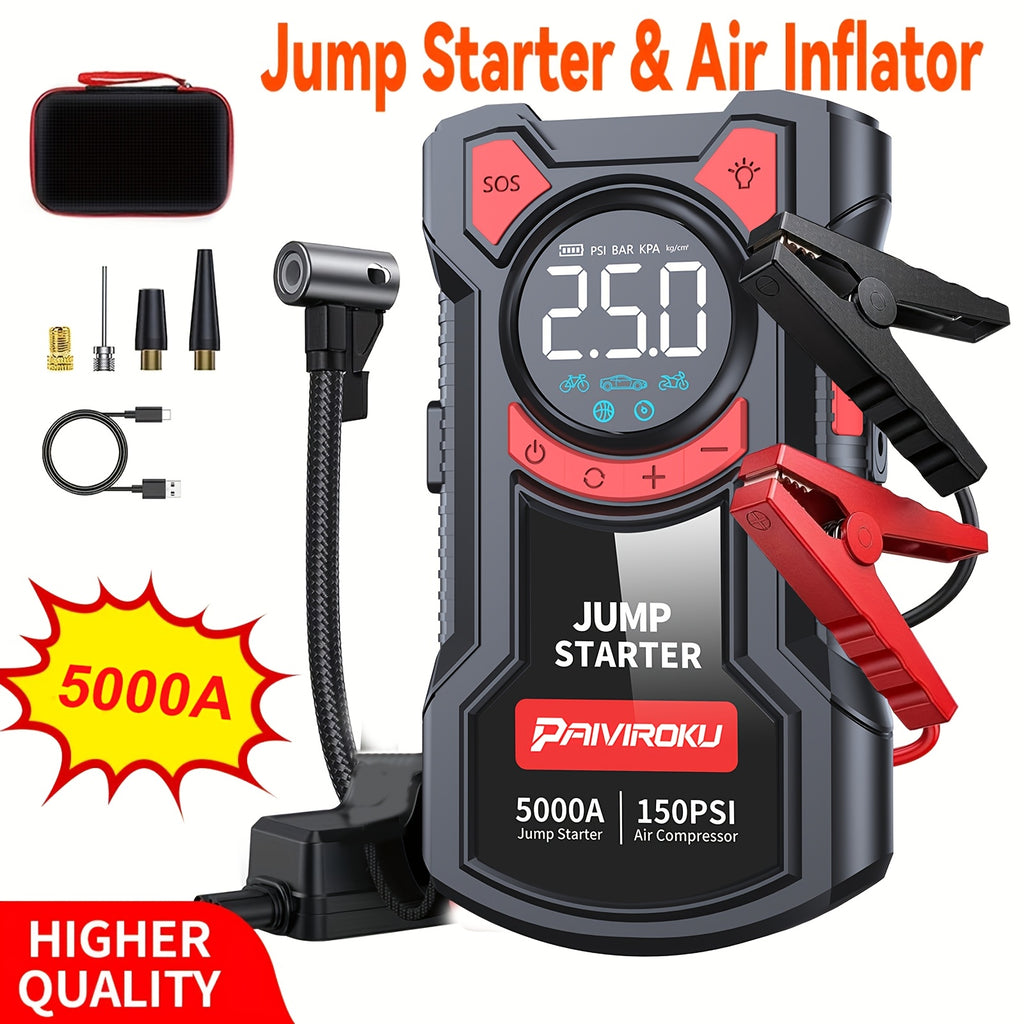 Jump Starter with Air Compressor, 150 PSI Car Air Compressor & 5000A Peak Car Jump Starter (2.64 Gallons Of Gasoline, 2.38 Gallons Of Diesel) with LED Light, Power Bank Function.
