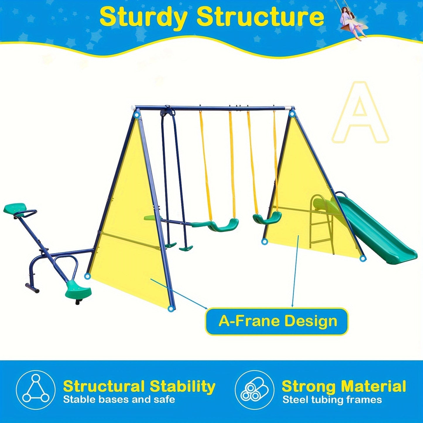Heavy Duty A-Frame Metal Swing Set for Backyard with 2 Swings Slide Glider Seesaw Disc Seat Outdoor Playset for Kids Toddlers Backyard Play Structure
