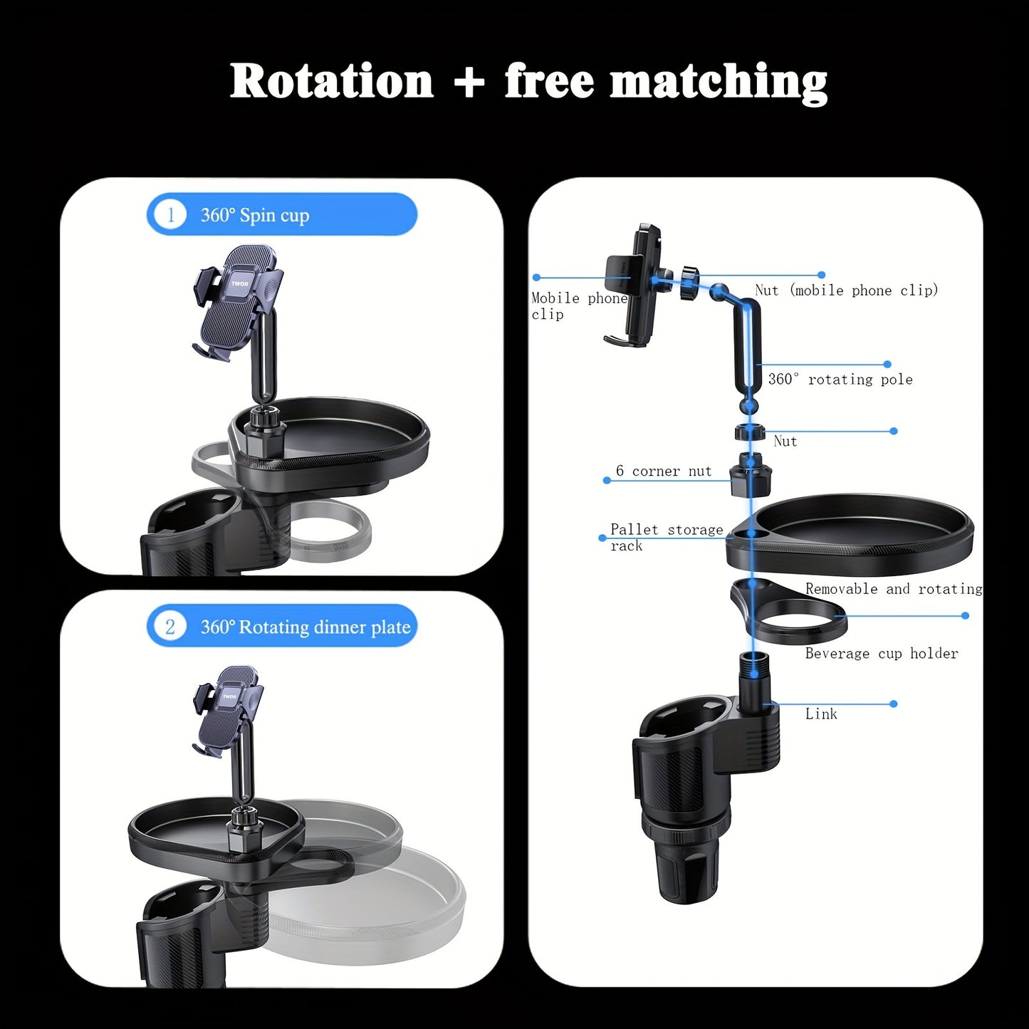 Car Cup Holder Expander 3-in-1 - Expandable Food Tray Table with Phone Mount for Road Trips, Universal Car Organizer for Eating & Drinks