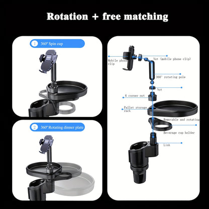 Car Cup Holder Expander 3-in-1 - Expandable Food Tray Table with Phone Mount for Road Trips, Universal Car Organizer for Eating & Drinks
