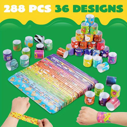 288 Pcs Slap Bracelets Party Favors Bulk Set – 36 Colorful Designs for Kids, Classroom Prizes, Goodie Bags, Easter Halloween Valentine Birthday Party Supplies