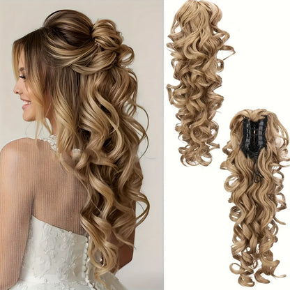 Scroll Curl Claw Clip Ponytail Extension Gradient Color 16 Inch | Synthetic Heat Resistant Hairpiece 5 Colors Linen Brown Golden Grey for Women Daily Wear & Special Occasions