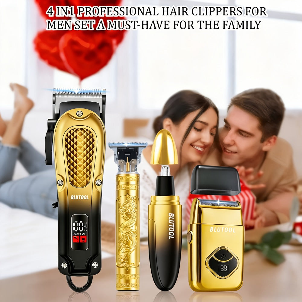 Men's Grooming Set 2 or 4 Piece - Cordless Electric Hair Clipper, T-Shaped Beard Trimmer, Nose Hair Trimmer & Electric Shaver, LED Display Professional Haircutting Beauty Kit, Father's Day Birthday Christmas Gift