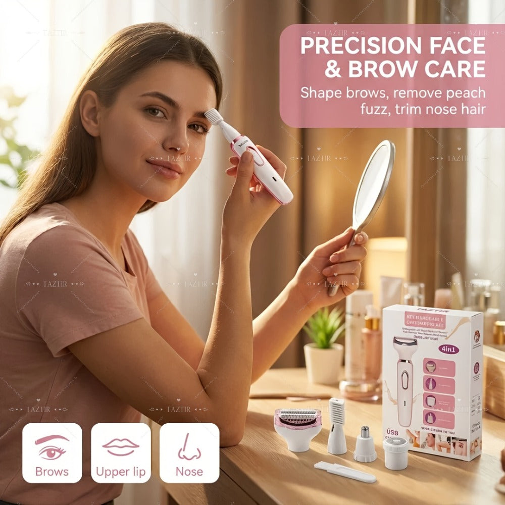 Electric Razor for Women 4-in-1 Rechargeable Lady Shaver Grooming Kit - Painless Wet Dry Hair Removal for Face Nose Legs Underarm Bikini Line Portable USB Rechargeable Gift Set