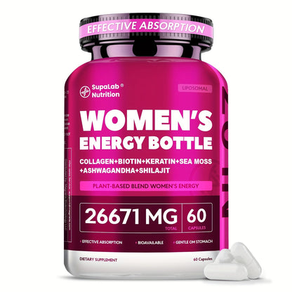 Women's Multivitamin 20-in-1 with Sea Moss, Shilajit & Ashwagandha — Daily Energy, Hormonal Balance, Immune Support, Hair Skin Nails & Sleep, 60 Capsules 26671mg Per Serving for Women