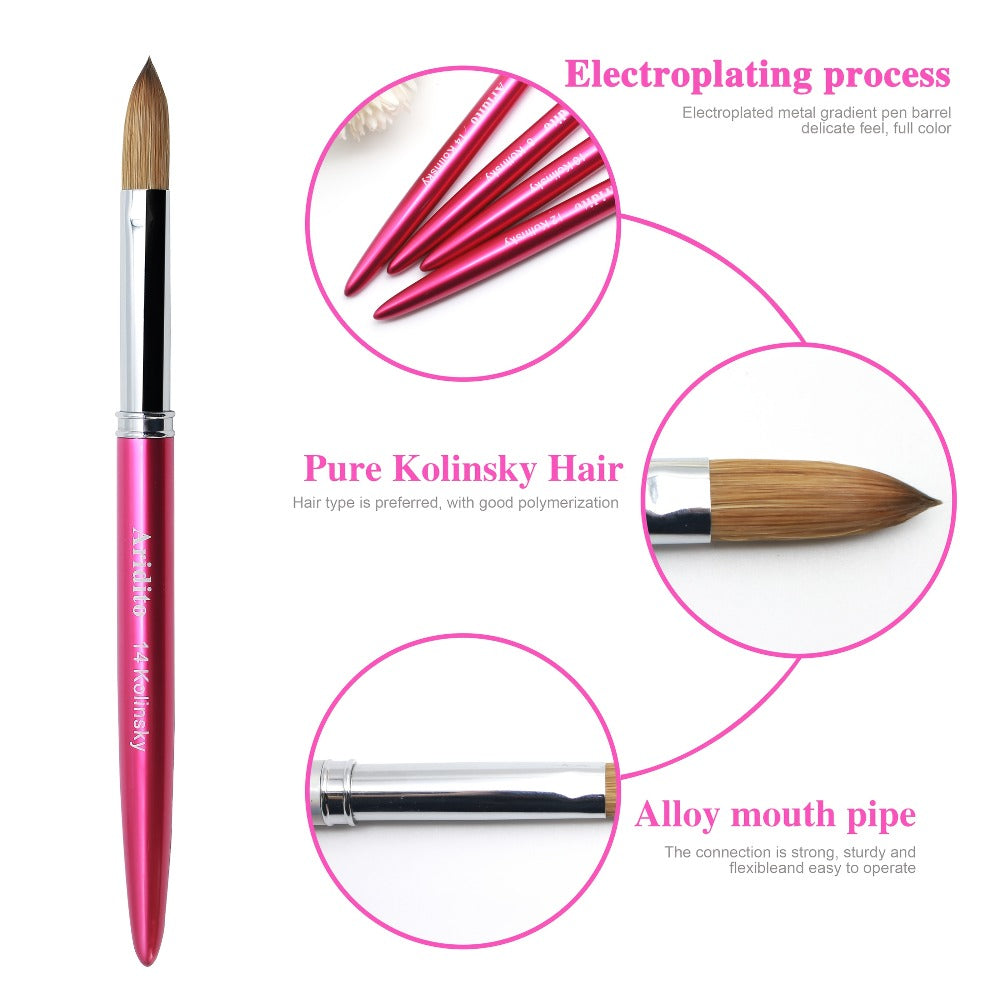 Kolinsky Acrylic Nail Brush Set 100% Pure Kolinsky Hair Flat Shape Sizes #10 #12 #14 – Professional Nail Art Sculpting Extension Brush with Rose Red Handle & Cap for Nail Technicians & Home Use
