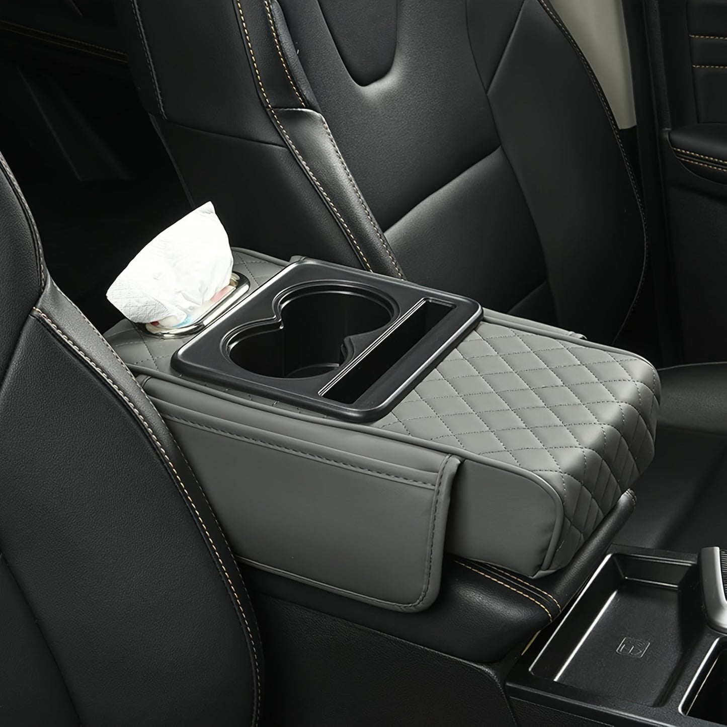 Universal Car Armrest Box Cover, PU Leather Center Console Mat with 2 Side Pockets + 2 Cup Holders + Multi-Functional Tissue Storage Space, Suitable for Phone/Water Bottle/Cards, Compatible with Most Car Models, Car Accessories, Women's Car