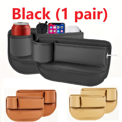 [Car Seat Organizer] 2pcs Car Seat Gap Organizer with Cup Holder, Adjustable PU Leather Car Side Seat Storage Box, Multi-Functional Interior Storage Organizer for Phone, Keys, Fashion Glasses, and Cards, Black