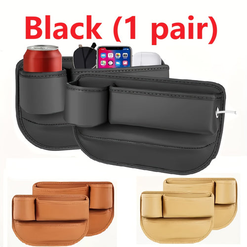 [Car Seat Organizer] 2pcs Car Seat Gap Organizer with Cup Holder, Adjustable PU Leather Car Side Seat Storage Box, Multi-Functional Interior Storage Organizer for Phone, Keys, Fashion Glasses, and Cards, Black
