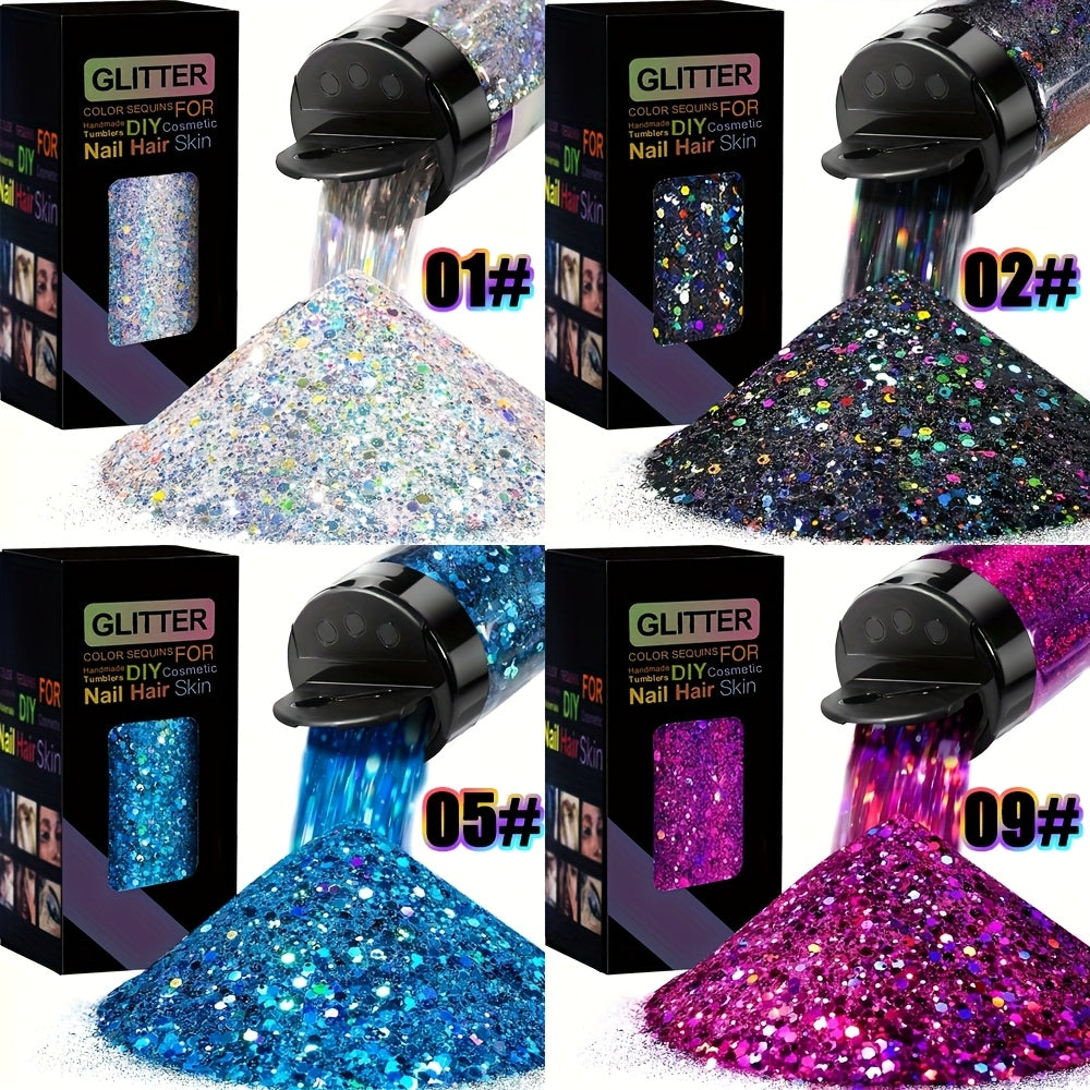 Holographic Chunky Glitter Set 4 Boxes 200g — Laser Diamond Metallic Hexagonal Flakes for Epoxy Resin, Tumblers, Scrapbooking, Nail Art & DIY Crafts, Mixed Colors