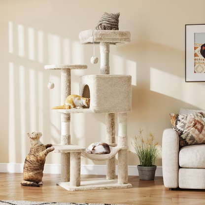 44-Inch Cat Tree Tower with Condo & Hammock - Multi-Level Indoor Cat Tree with Natural Sisal Scratching Posts, Perches & Pet House for Cats & Kittens, Stable Cat Climbing Tower, 5 Colors