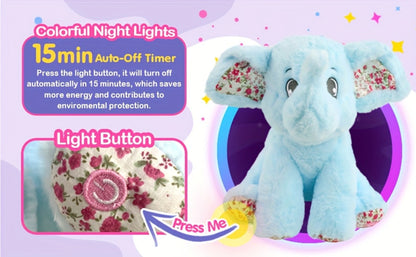Glowing Elephant Stuffed Animal Plush Toy with LED Lights & Lullabies — Soft Floppy Blue Elephant Nightlight Companion for Babies Toddlers Kids | Birthday Easter Christmas Baby Shower Gift