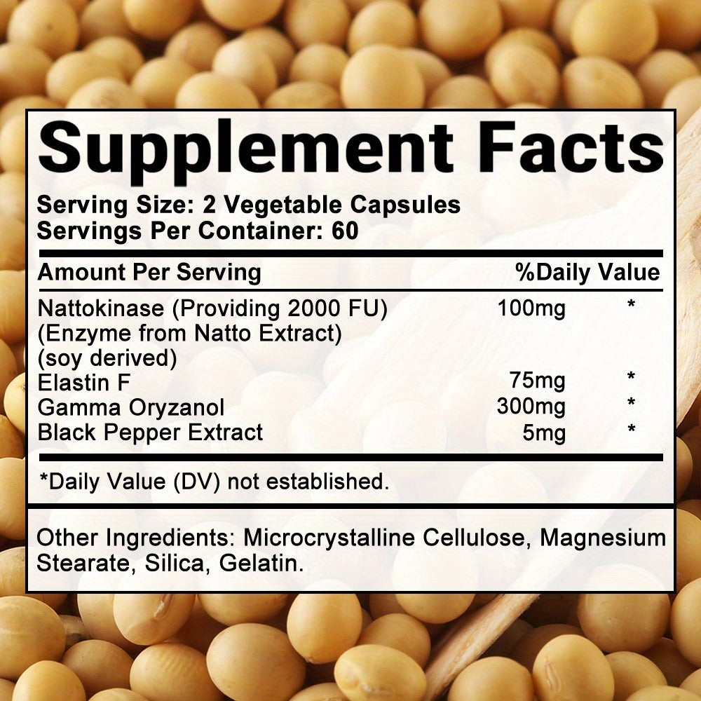 Nattokinase Supplement 120 or 240 Capsules — Gamma-Oryzanol Cardiovascular Formula for Heart Health, Brain Circulation & Cholesterol Balance | Natural Enzyme Capsules for Women & Men