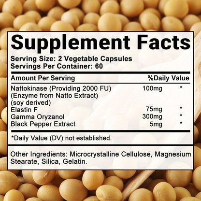 Nattokinase Supplement 120 or 240 Capsules — Gamma-Oryzanol Cardiovascular Formula for Heart Health, Brain Circulation & Cholesterol Balance | Natural Enzyme Capsules for Women & Men