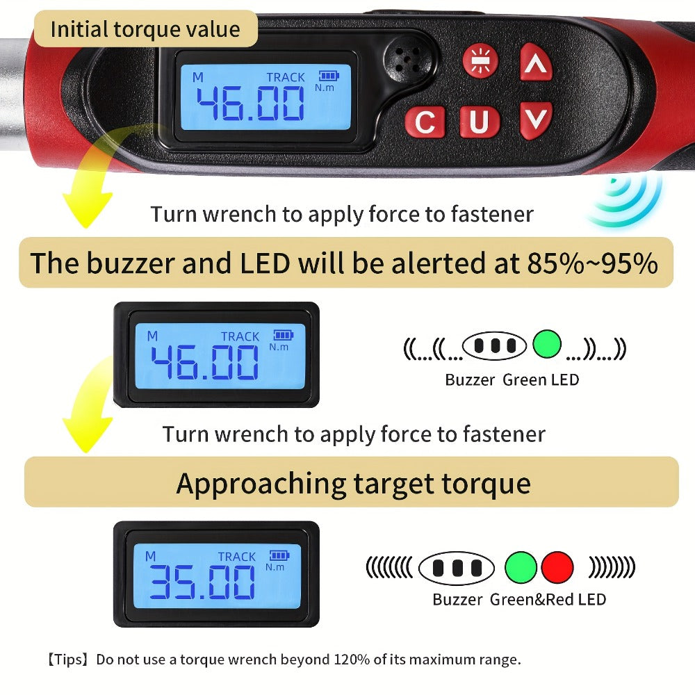 Digital Torque Wrench - 1/2" & 3/8" Drive, ±1% Accuracy, LED & Buzzer Alert, 4 Units, 500 Data Sets, Preset P1-P8, Chrome Vanadium Steel for Auto, Bike & Motorcycle